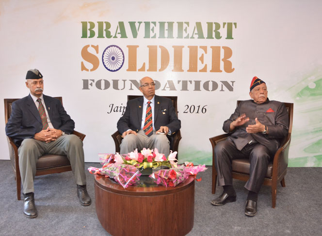 L to R â€“ Brig. Karan Singh Rathore (Retd.), Director â€“ Sainik Kalyan Board, Rajasthan ;Former Chief of Naval Staff Admiral Madhvendra Singh PVSM, AVSM, ADC and Captain Narendra Kr Mahajan, Preside